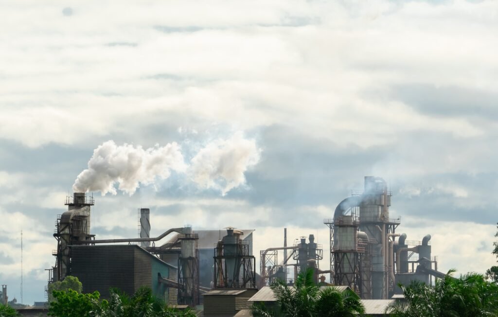 CO2 emissions. CO2 greenhouse gas emissions from factory chimneys. Carbon dioxide gas global air